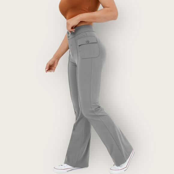 Halara High Waisted Flare Cargo Pants Small Gray Button Pocket Retro Minimalist - Picture 5 of 10